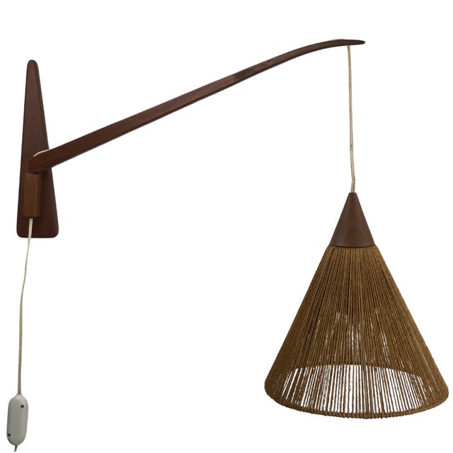 Teak Sisal and Brass Arc Swing Wall Lamps attributed to Temde, Switzerland, 1960s, Set of 2 For Sale - Image 10 of 18