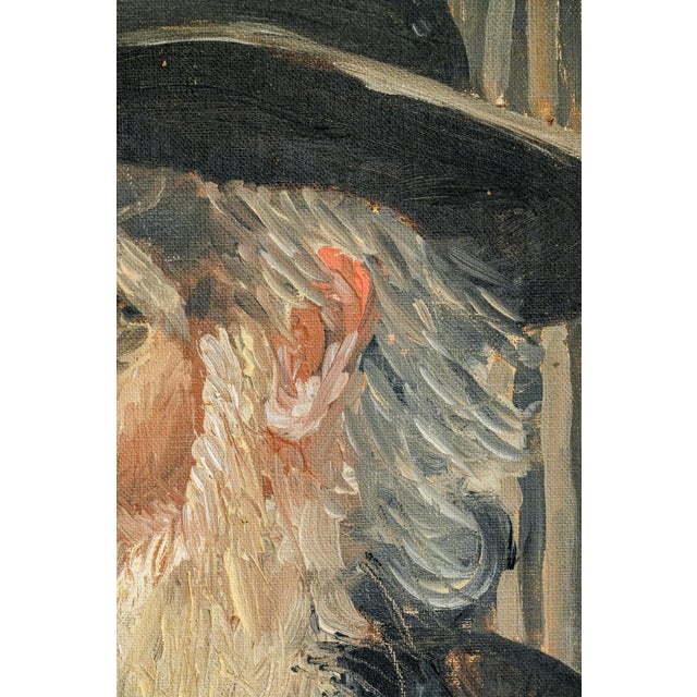 Slate Gray Captivating Bearded Man With Hat Antique Oil Painting Rustic Home Decor For Sale - Image 8 of 15