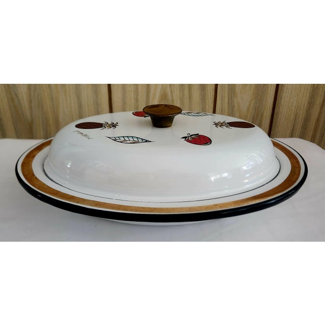 collectible vintage 1960s Georges Briard covered casserole dish, the Ambrosia pattern, black and white enamel with painted...