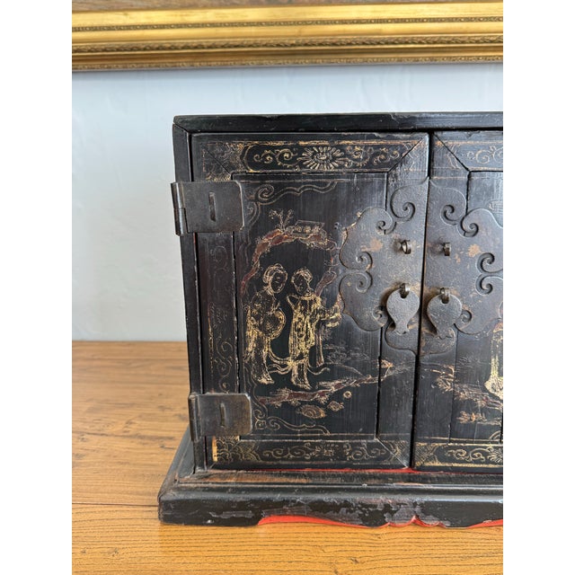 Antique Chinese Black Lacquer Jewelry Cabinet Gold Gilt Figural Chest For Sale - Image 9 of 11