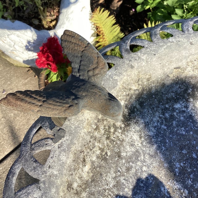 Vintage Bird Bath Aluminum With Iron Filigree Base and Perching Bird Sculpture For Sale - Image 10 of 12
