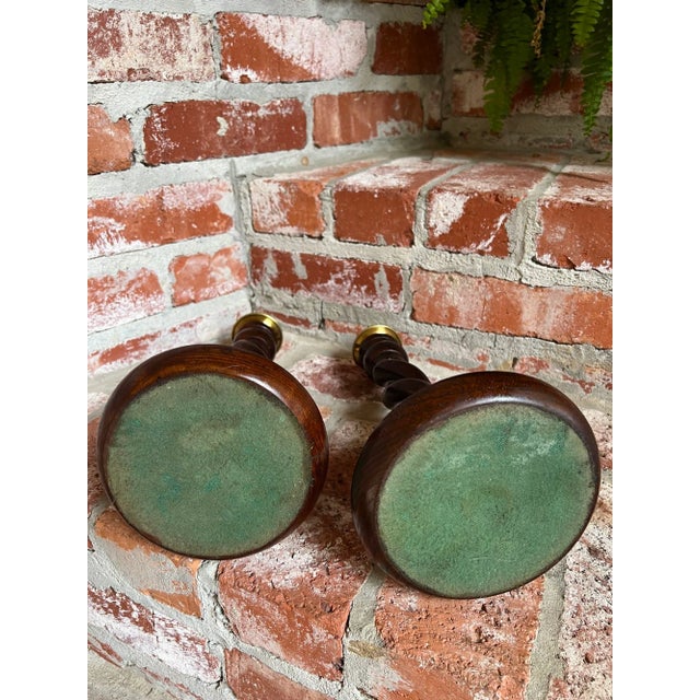 Pair Set Antique English Oak Open Barley Twist Candlesticks Candle Holder Brass For Sale - Image 12 of 12