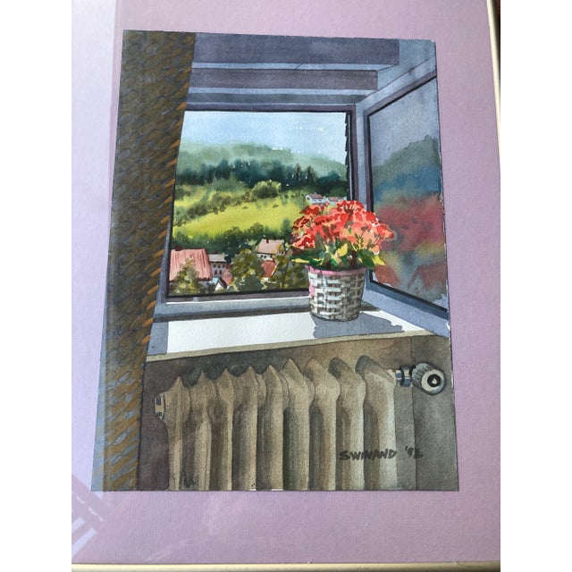 Nice Still life of Flowers on a windowsill, looking out over rolling hills landscape. Features a brushed nickel frame with...