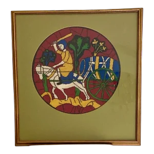 Vintage Framed Embroidered Art Mid-Evil Scene in the Style of French Stained Glass