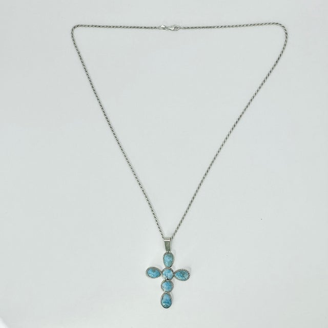 1970s Vintage Southwestern Boho Chic Religious Blue Larimar & Sterling Cross Pendant Necklace - 23” For Sale - Image 4 of 15