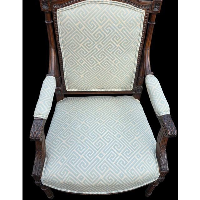Wood Pair of Antique French Hand-Carved Louis XVI Style Armchairs For Sale - Image 7 of 11