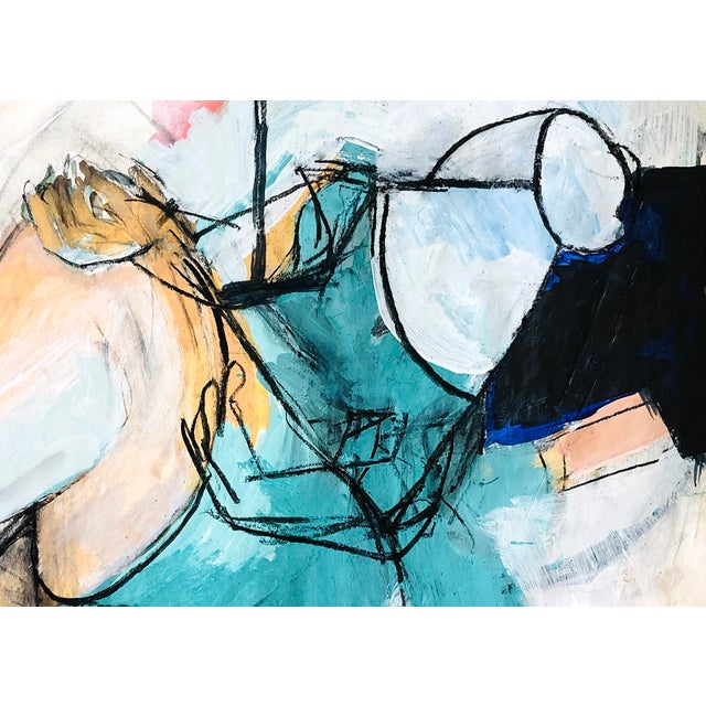 Contemporary Dynamic Abstract Figurative Turquoise & Flesh Woman / Paint & Charcoal on Paper For Sale - Image 3 of 4