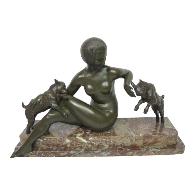 Late 19th Century Antique Maurice Guiraud Riviere Nymphe Et Chevreaux Nude Woman With Goats Bronze Sculpture For Sale