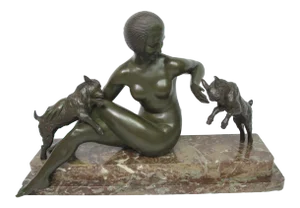 Late 19th Century Antique Maurice Guiraud Riviere Nymphe Et Chevreaux Nude Woman With Goats Bronze Sculpture