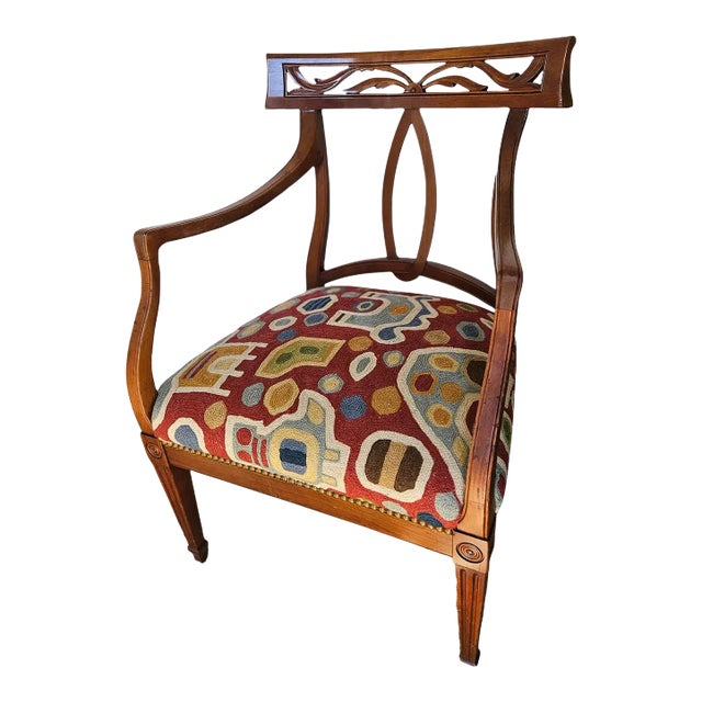 Vintage Italian Fruitwood Armchair Having New Abstract Crewel Embroidery Seat and French Nailhead Trim For Sale