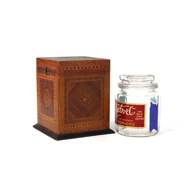 Antique Mixed Wood & Marquetry Cigar Box with Glass Insert C1910. Measures - 9"H x 7.75"W x 7.75"D. An antique cigar...