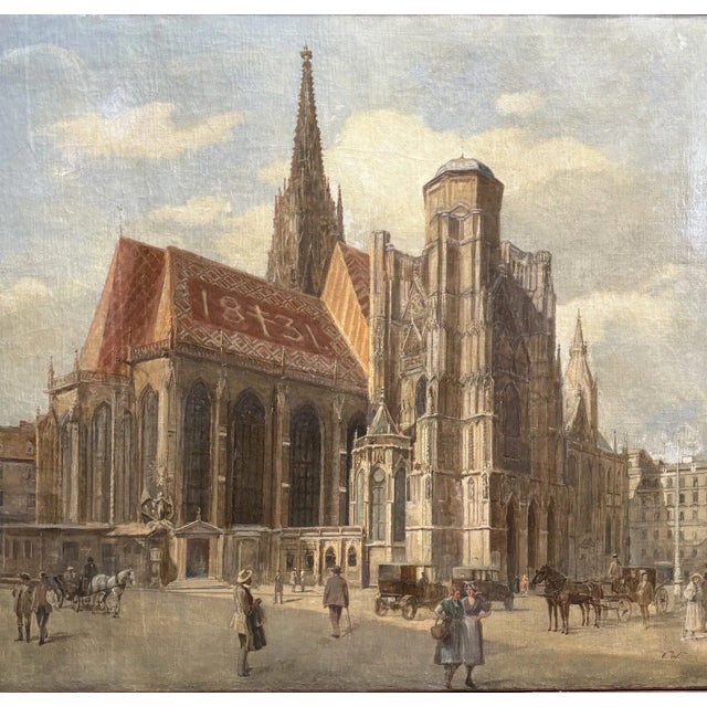 A magnificent and large oil painting on prepared burlap canvas of St. Stephen’s cathedral in Vienna. The painting dates to...