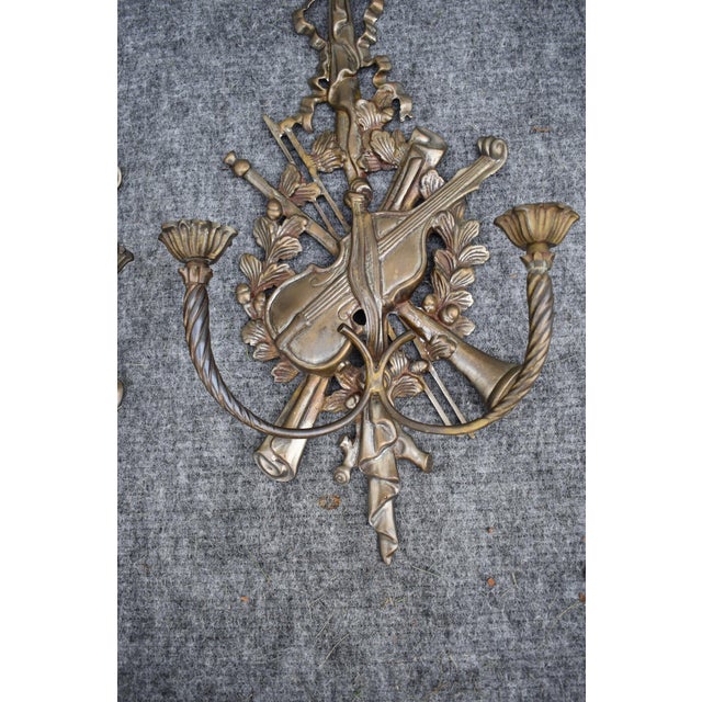 French French Pair Brass Sconces Large Ornate Music Wall Violin Candle Holders 40s For Sale - Image 3 of 17