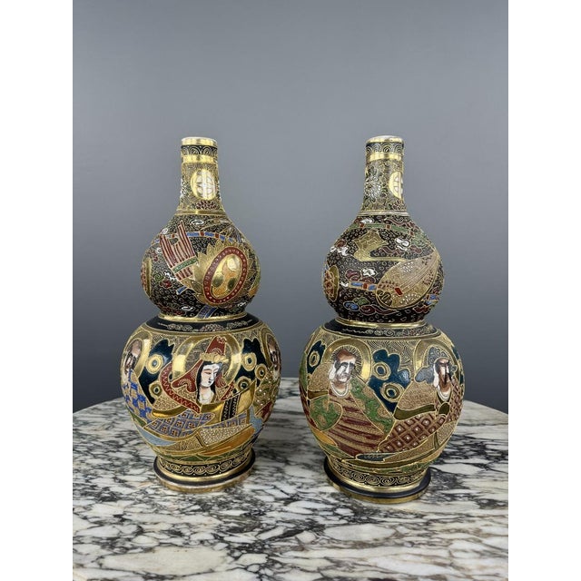 19th Century Meiji Satsuma Japanese Vases, Set of 2 For Sale - Image 3 of 12