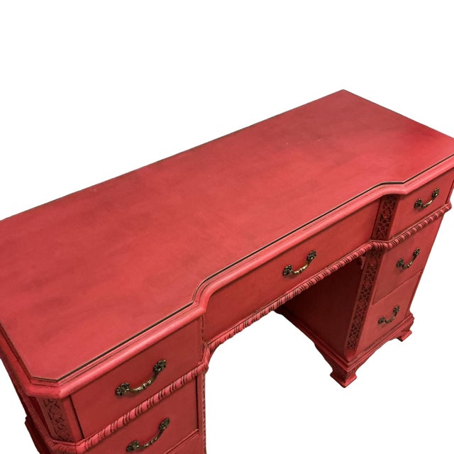 Asian Asian Writing Desk Painted Red Brass Hardware Rope Turn Trim Glass Top 7 Drawers For Sale - Image 3 of 12