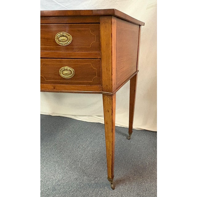 Early 1900's James Shoolbred & Co. Sheraton Revival Inlaid Mahogany Writing Desk on Casters For Sale - Image 14 of 18