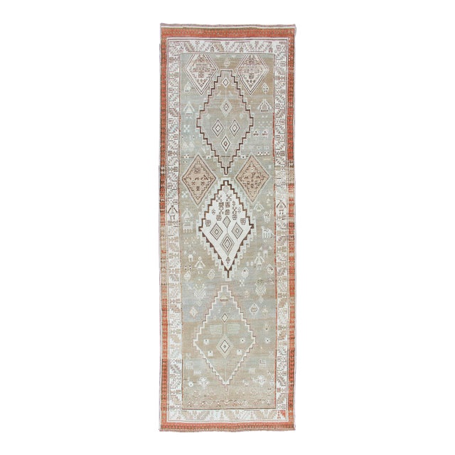 Kurdish Antique Runner With Tribal Design in Light Green, Taupe & Orange-Red 3'6 X 10'9 For Sale