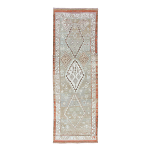 Kurdish Antique Runner With Tribal Design in Light Green, Taupe & Orange-Red 3'6 X 10'9