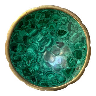 1970s Vintage Round Green Malachite Bowl With Scalloped Brass Rim For Sale