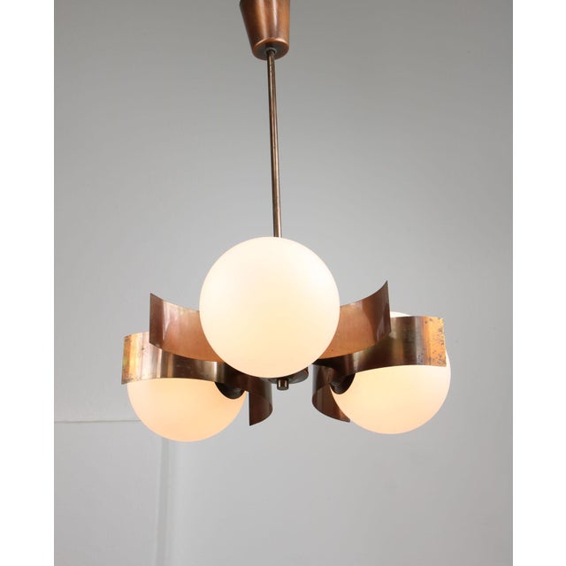 Vintage Italian Copper and Opaline Glass Chandelier For Sale - Image 3 of 18