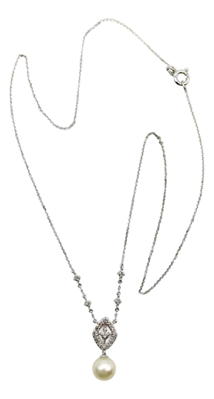 Vintage 14k White Gold Pearl Necklace With Pave Diamonds
