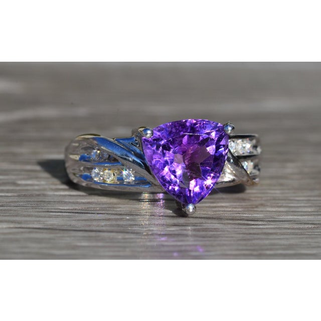 Metal The Eldridge: Ladies 14K Trilliant Cut Amethyst and Diamond Cocktail Ring For Sale - Image 7 of 10