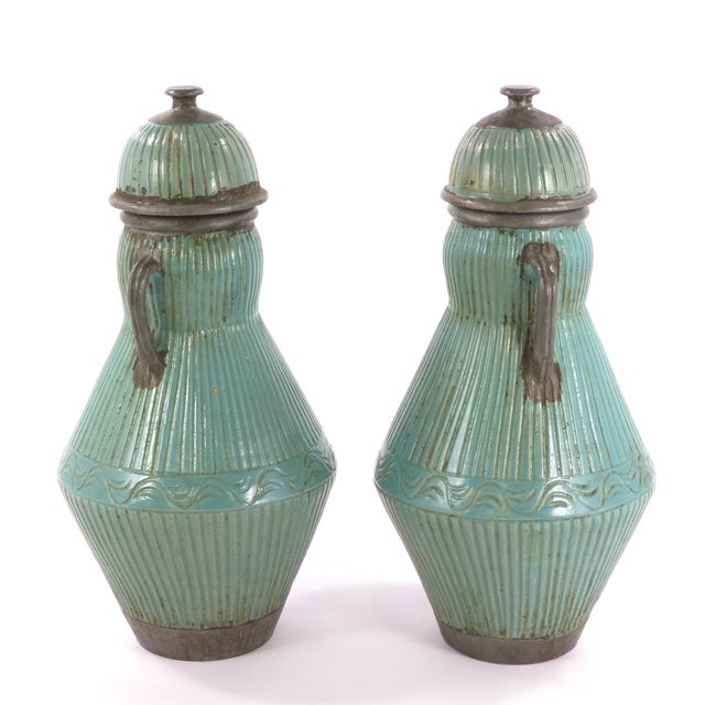 Striking pair of monumental vintage Moroccan ceramic lidded urns, probably associated with the pottery traditions of Safi...