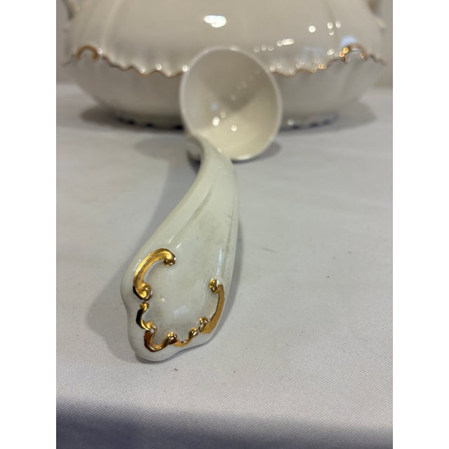 Vintage Mid-Century Modern Cream Ceramic Soup Tureen With Gold Trim and Ladle For Sale - Image 4 of 9