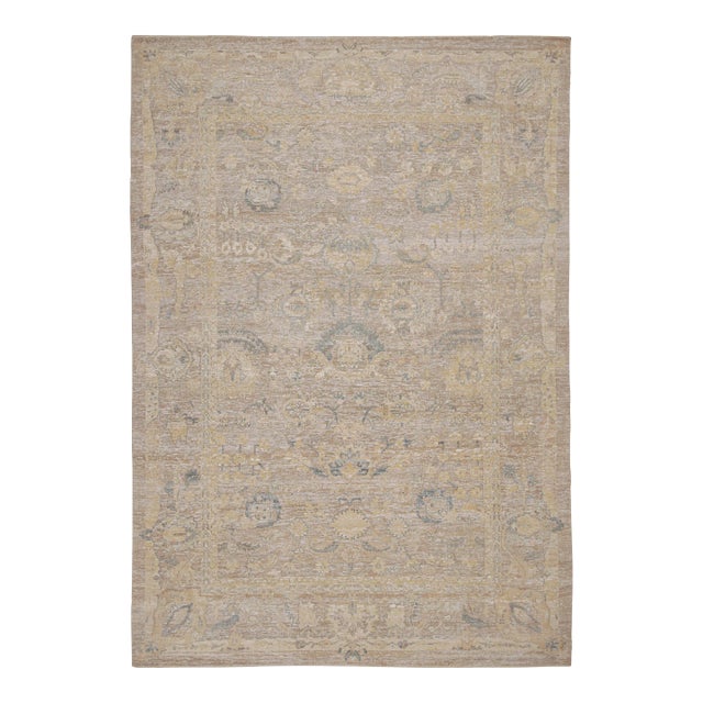 Rug & Kilim’s Oushak Style Rug With Beige-Brown, Blue and Gold Floral Patterns For Sale