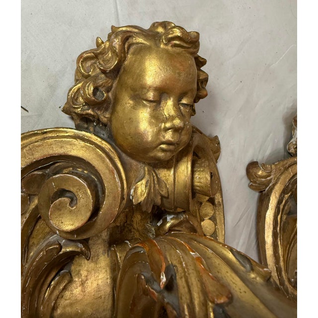 Gold Large Antique Ornate Carved Italian Gilt Wood Cherub Wall Sconce Fixtures - a Pair For Sale - Image 8 of 18
