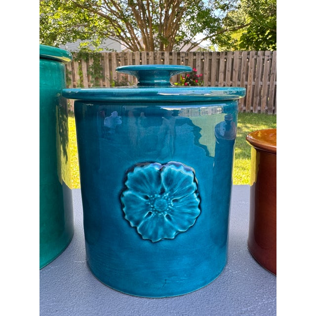 1960s 1960s Glazed Ceramic Colorful Pottery Lidded Kitchen Canisters Made in Italy - Set of 4 For Sale - Image 5 of 18