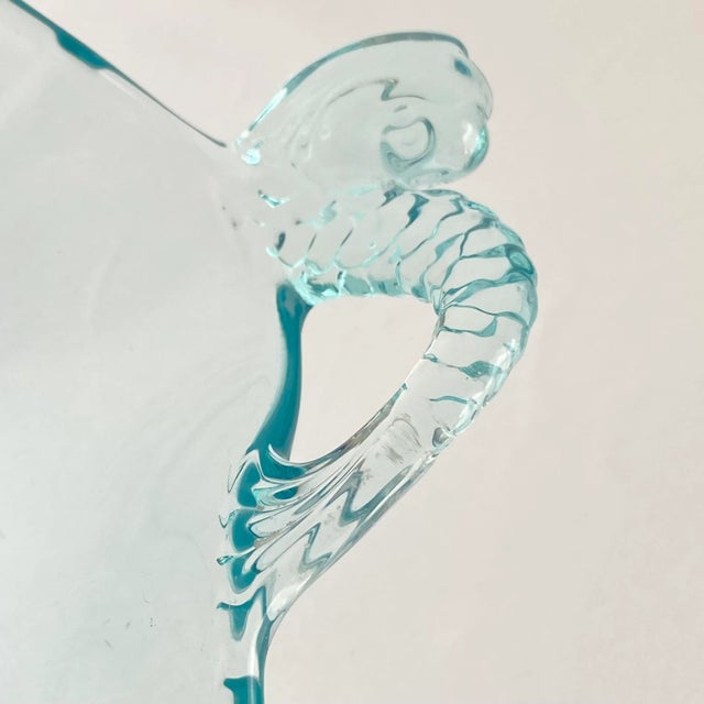 Vintage Fenton Dolphin Glass Aquamarine Blue Handled Dish Etched Bowl Koi Fish Sea Creature For Sale - Image 9 of 13