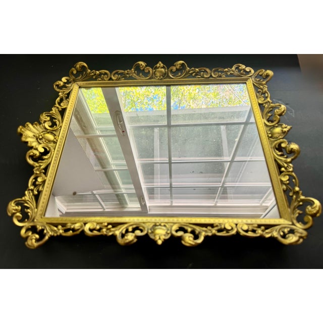 Hollywood Regency Vintage Hollywood Regency Gilt Metal Rococo Vanity Mirror For Sale - Image 3 of 7