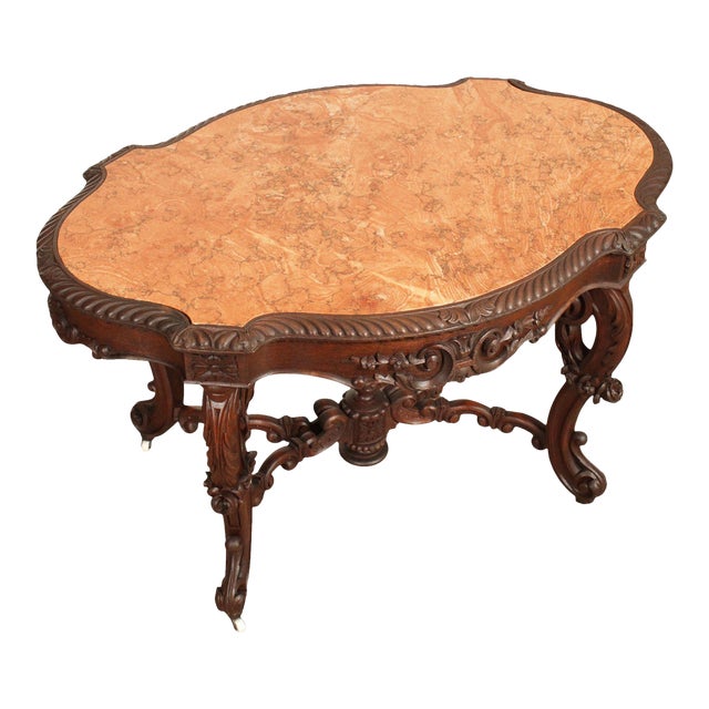 Antique Renaissance Revival Carved Mahogany Marble Turtle Top Center
