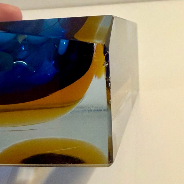 1960s Flavio Poli for Seguso Vetri D’Arte Murano Sommerso Blue & Amber Glass Ashtray For Sale - Image 11 of 11