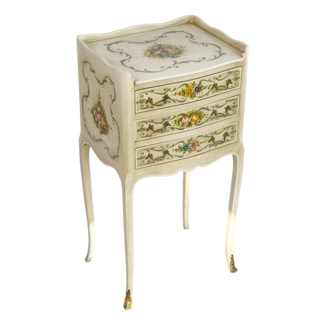 Antique Venetian Louis XV Hand-Painted Floral Nightstand with Drawers, 1920s For Sale