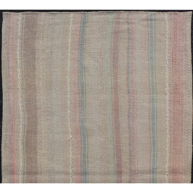 Mid 20th Century Vintage Turkish Kilim With Soft Pastel Stripes in Blush, Sage, and Sky Blue For Sale - Image 5 of 10