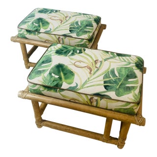 Vintage Coastal Mc Guire Rattan Ottomans , a Pair For Sale