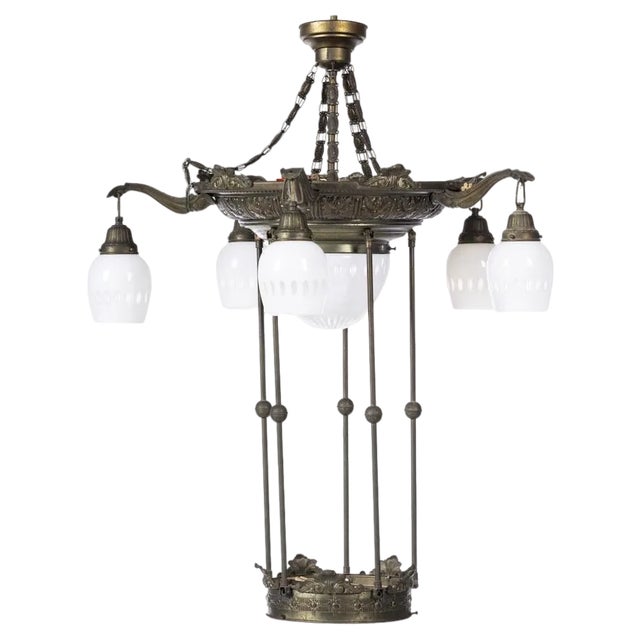 French Art Nouveau 6-Light Ceiling Lamp in Bronze, 19th Century For Sale