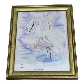 Snowy White Egret Tropical Watercolor Painting For Sale