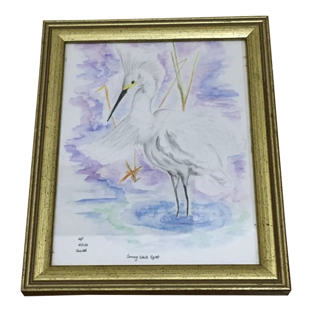 Snowy White Egret Tropical Watercolor Painting For Sale