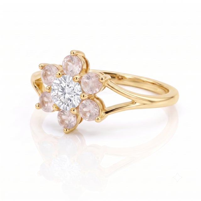 Contemporary Rose Quartz Gemstone Ring | Delicate Flower Style Ring | Pink Gemstone Ring Us (All Sizes Available) For Sale - Image 3 of 4