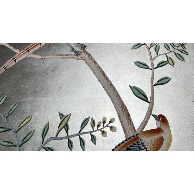 Silver Leaf Chinoiserie Hand-Painted Bird & Floral Wall Panels (Set of 4) For Sale - Image 6 of 6