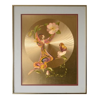 Vintage Art Nouveau Style Michelle Emblem Metallic Gold Foil Rose Nymph Framed Art For Sale