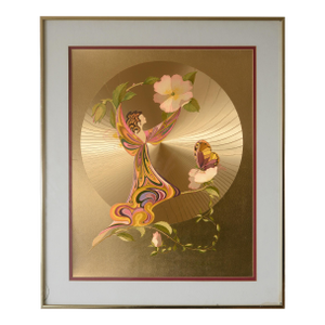 Vintage Art Nouveau Style Michelle Emblem Metallic Gold Foil Rose Nymph Framed Art