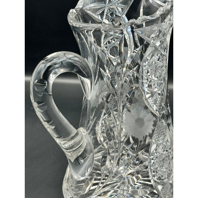 American Brilliant Period Cut Glass Water Pitcher – Deep Wheel Cut Hobstars & Fans – C. 1895–1915 For Sale In Detroit - Image 6 of 8