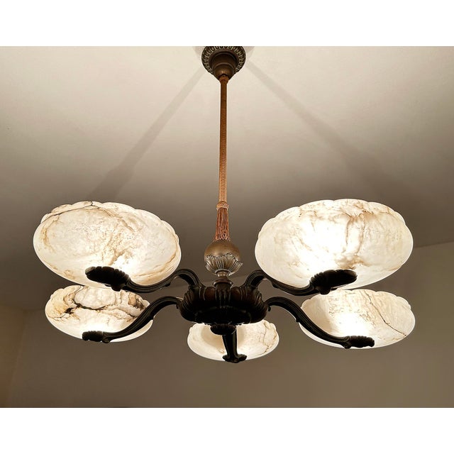 Large Art Deco Alabaster and Bronze Chandelier, 1930s For Sale - Image 15 of 18