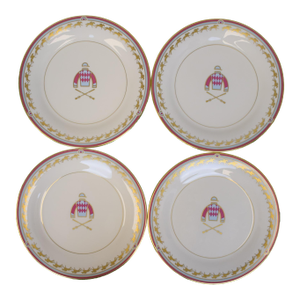 Mid 20th Century Set of 4 Pickard Saratoga China Dinner Plates W/ Hand Painted Jockey Silks and X'd Riding Crops