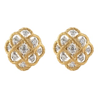 Vintage Buccellati Etoilee 18k Yellow & White Gold Diamond Rope Clip on Earrings, A Pair For Sale