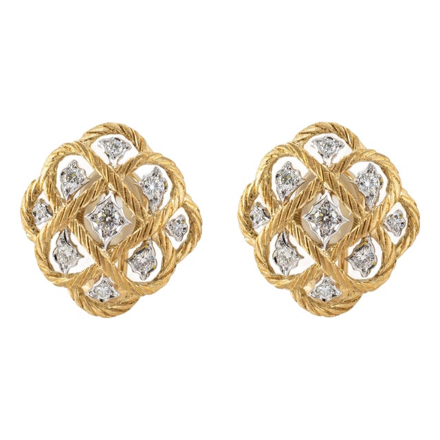 Vintage Buccellati Etoilee 18k Yellow & White Gold Diamond Rope Clip on Earrings, A Pair For Sale
